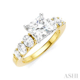 1 Ctw Princess Shape Oval and Round Cut Diamond Semi-Mount Engagement Ring in 14K Yellow and White Gold