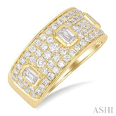 1 1/2 Ctw 3-Stone Emerald and Round Cut Diamond Fashion Wide Band in 14K Yellow Gold