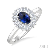 6X4 MM Oval Cut Sapphire and 1/3 Ctw Baguette Cut Diamond Halo Precious Fashion Ring in 14K White Gold