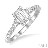 7/8 Ctw Pear & Round Cut Diamond Engagement Ring With 1/2 Ct Emerald Cut Center Stone in 14K White Gold