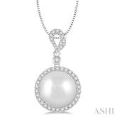 12 MM Cultured Pearl and 3/8 Ctw Round Cut Diamond Pendant in 14K White Gold with chain