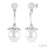 7 MM Cultured White Pearl and 1/4 Ctw Lovebright Round Cut Diamond Fashion Earrings in 14K White Gold