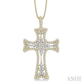 7/8 Ctw Round Cut Diamond Cross Pendant With Chain in 14K Yellow and White Gold