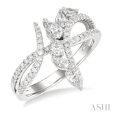 7/8 Ctw Split Bypass Shank Mixed Diamond Cut Fashion Ring in 14K White Gold