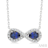 4X3 MM Pear Shape Sapphire and 1/10 Ctw Round Cut Diamond Precious Infinite Halo Pendant With Chain in 10K White Gold