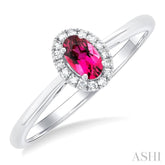 5x3 MM Oval Shape Pink Tourmaline and 1/20 Ctw Single Cut Diamond Halo Semi-Precious Ring in 10K White Gold