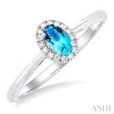 5x3 MM Oval Shape Blue Topaz and 1/20 Ctw Single Cut Diamond Halo Semi-Precious Ring in 14K White Gold