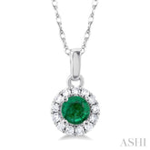 3.25 MM Round Emerald and 1/20 Ctw Single Cut Diamond Halo Precious Pendant with Chain in 10K White Gold