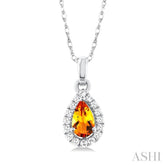 5x3 MM Pear Shape Citrine and 1/20 Ctw Single Cut Diamond Halo Semi-Precious Pendant with Chain in 10K White Gold