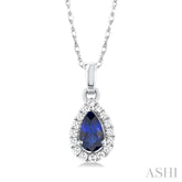 5x3 MM Pear Shape Sapphire and 1/20 Ctw Single Cut Diamond Halo Precious Pendant with Chain in 10K White Gold