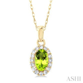 5x3 MM Oval Shape Peridot and 1/20 Ctw Single Cut Diamond Halo Semi-Precious Pendant with Chain in 10K Yellow Gold