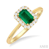 6x4 MM Octagonal Shape Emerald and 1/6 Ctw Round Cut Diamond Halo Precious Ring in 14K Yellow Gold