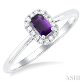 5x3 MM Octagonal Shape Amethyst and 1/20 Ctw Single Cut Diamond Halo Semi-Precious Ring in 10K White Gold
