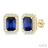 6x4 MM Octagonal Shape Sapphire and 1/4 Ctw Round Cut Diamond Halo Precious Stud Earrings in 10K Yellow Gold