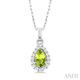 5x3 MM Pear Shape Peridot and 1/20 Ctw Single Cut Diamond Halo Semi-Precious Pendant with Chain in 14K White Gold