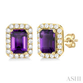 6x4 MM Octagonal Shape Amethyst and 1/4 Ctw Round Cut Diamond Halo Semi-Precious Stud Earrings in 10K Yellow Gold