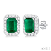 6x4 MM Octagonal Shape Emerald and 1/4 Ctw Round Cut Diamond Halo Precious Stud Earrings in 10K White Gold