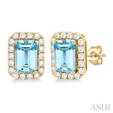 6x4 MM Octagonal Shape Aquamarine and 1/4 Ctw Round Cut Diamond Halo Semi-Precious Stud Earrings in 10K Yellow Gold