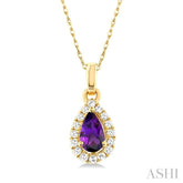 5x3 MM Pear Shape Amethyst and 1/20 Ctw Single Cut Diamond Halo Semi-Precious Pendant with Chain in 10K Yellow Gold