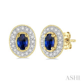 5x3 MM Oval Cut Sapphire and 1/4 Ctw Round Cut Diamond Earrings in 14K Yellow Gold