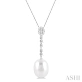 12x10 MM Cultured Pearl and 1/5 Ctw Hanging Round Cut Diamond Drop Lovebright Pendant With Chain in 14K White Gold