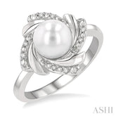 7x7 MM Round Shape Cultured Pearl and 1/50 Ctw Swirl Round Cut Diamond Ring in Sterling Silver