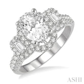 7/8 Ctw Oval Shape Tri-Mount Baguette and Round Cut Diamond Semi-Mount Engagement Ring in 14K White Gold