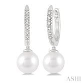 6 MM Round Shape Cultured Pearls and 1/8 Ctw Round Cut Diamond Drop Petite Huggie Earrings 14K White Gold