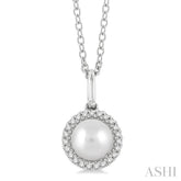 6 MM Round Shape Cultured Pearl and 1/20 Ctw Petite Round Cut Diamond Halo Fashion Pendant With Chain in 10K White Gold