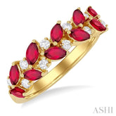 4X2 MM Leafy Marquise Cut Ruby and 1/5 Ctw Round Cut Diamond Precious Band in 14K Yellow Gold