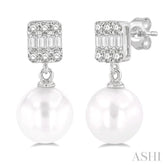 6 MM Cultured Pearls and 1/10 Ctw Baguette and Single Cut Diamond Earrings in 10K White Gold