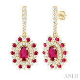 5x3 MM Oval Cut & 1.45 MM Round Cut Ruby and 1/3 Ctw Round Cut Diamond Precious Earring in 14K Yellow Gold