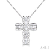 1/2 Ctw Fusion Baguette and Round Cut Diamond Cross Fashion Pendant With Chain in 14K White Gold