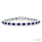 4X3 MM Emerald Cut Sapphire and 2 1/5 Ctw Round Cut Diamond Halo Precious Bracelet in 14K White Gold