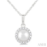5 MM Cultured White Pearl and 1/20 Ctw Single Cut Diamond Halo Pendant With Chain in 10K White Gold