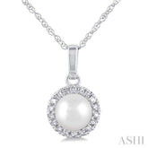 5 MM Cultured White Pearl and 1/20 Ctw Single Cut Diamond Halo Pendant With Chain in 14K White Gold