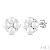 3 MM Floral Round Shape Cultured Pearl and 1/20 Ctw Round Cut Diamond Fashion Stud Earring in 10K White Gold