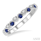 1.8 MM Sapphire and 1/6 Ctw Round Cut Diamond Precious Waves Wedding Band in 14K White Gold