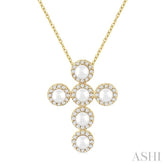 4 MM Round Shape Cultured Pearl and 1/4 Ctw Round Cut Diamond Cross Pendant With Chain in 14K Yellow Gold