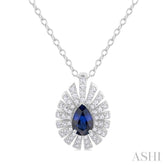 6X4 MM Pear Cut Sapphire and 1/3 Ctw Starburst Round Cut Diamond Precious Pendant With Chain in 14K White Gold