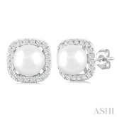 5 MM Cushion-Shaped Cultured Pearl and 1/8 Ctw Petite Round Cut Diamond Halo Stud Earring in 10K White Gold