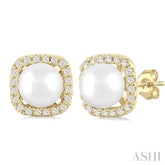 5 MM Cushion-Shaped Cultured Pearl and 1/8 Ctw Petite Round Cut Diamond Halo Stud Earring in 10K Yellow Gold