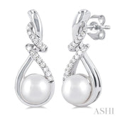 6 MM Round Shape Cultured Pearl and 1/6 Ctw Swirl Top Round Cut Diamond Fashion Earring in 10K White Gold