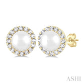 4.5 MM White Pearl and 1/8 Ctw Round Cut Diamond Halo Stud Earrings in 14K Yellow Gold