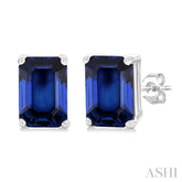 6X4 MM Octagon Shape Sapphire Precious Gemstone Stud Earrings in 14K White Gold
