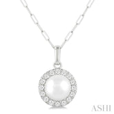 6 MM Cultured White Pearl and 1/6 Ctw Single Cut Diamond Halo Pendant With Chain in 10K White Gold