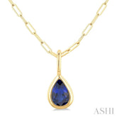 6x4 MM Bezel Set Pear Cut Sapphire Precious Fashion Pendant With Paperclip Chain in 10K Yellow Gold