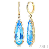 23x7 MM Pear Shape Blue Topaz and 3/8 Ctw Round Cut Diamond Halo Semi-Precious Earrings in 14K Yellow Gold