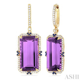 17x9 MM Emerald Cut Amethyst and .80 MM Sapphire & 1/3 Ctw Round Cut Diamond Halo Precious & Semi-Precious Earrings in 14K Yellow Gold