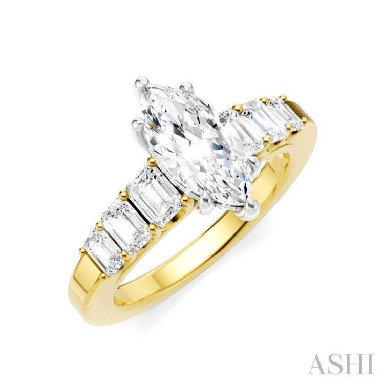 1 Ctw Marquise Shape Emerald and Round Cut Diamond Semi-Mount Engagement Ring in 14K Yellow and White Gold